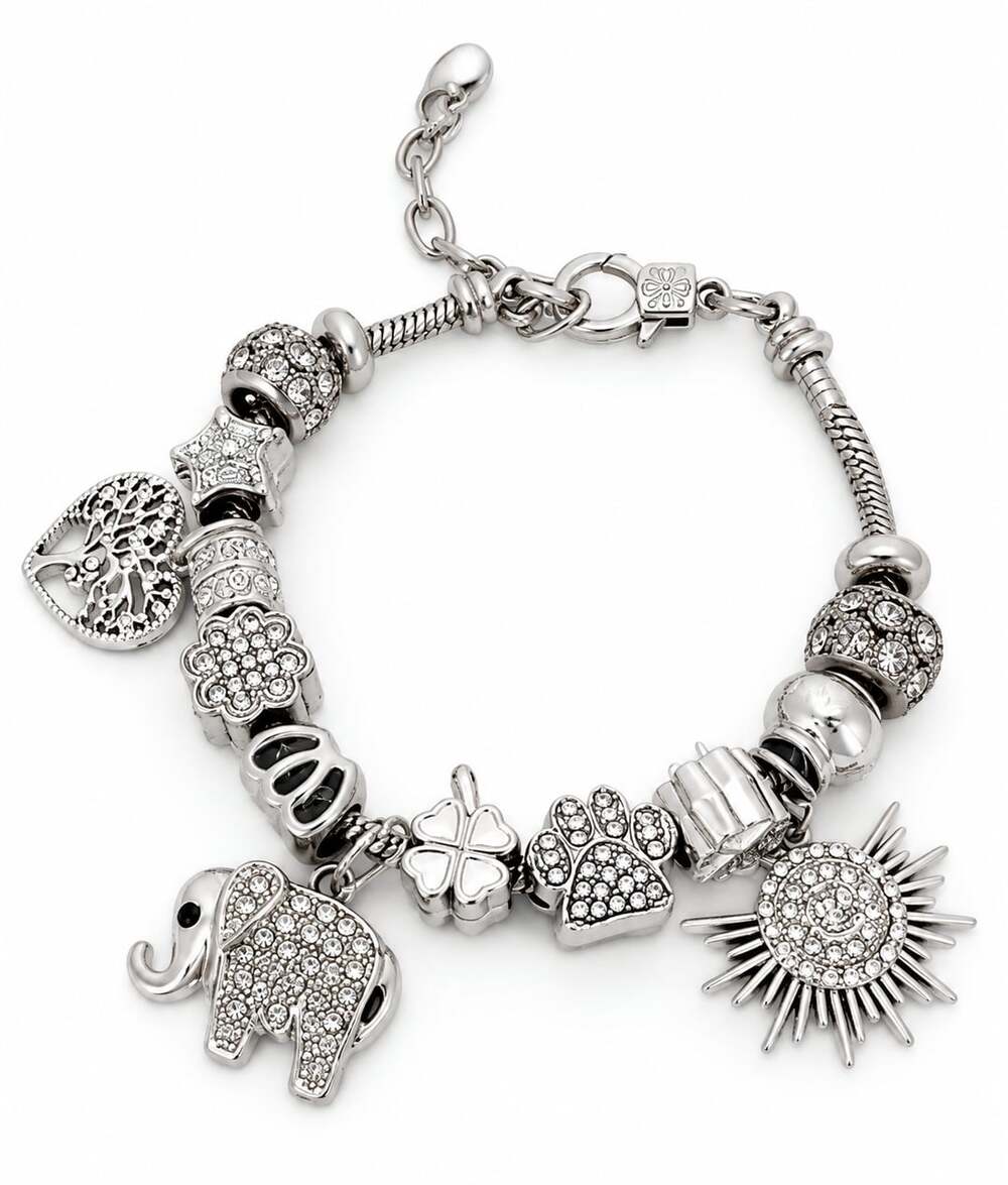Silver Charm Bracelet Rhinestone Elephant Heart Tree Sun Charms